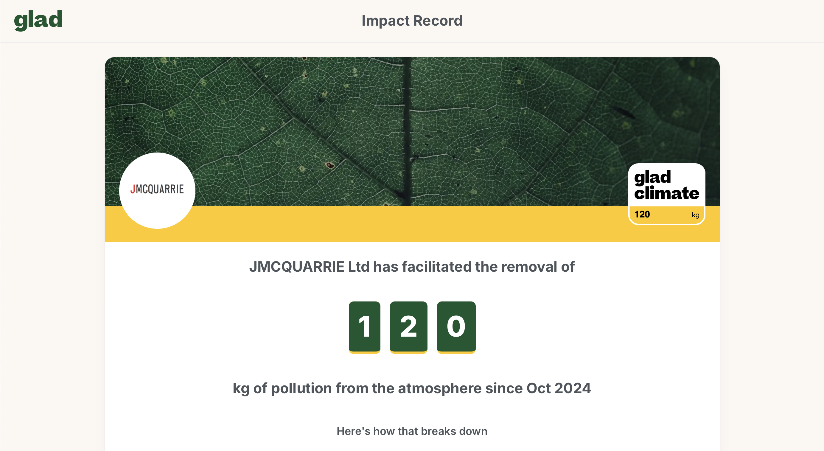 Screenshot of the JMCQUARRIE Ltd Glad climate impact record